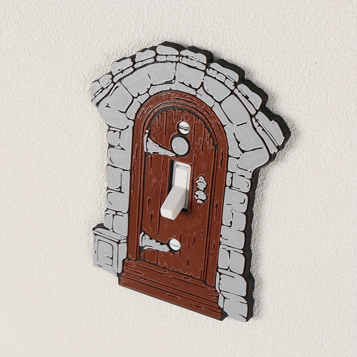 1 piece retro castle style switch cover, stone arch with wooden door design, no electricity, no battery, light switch cover, easy to install