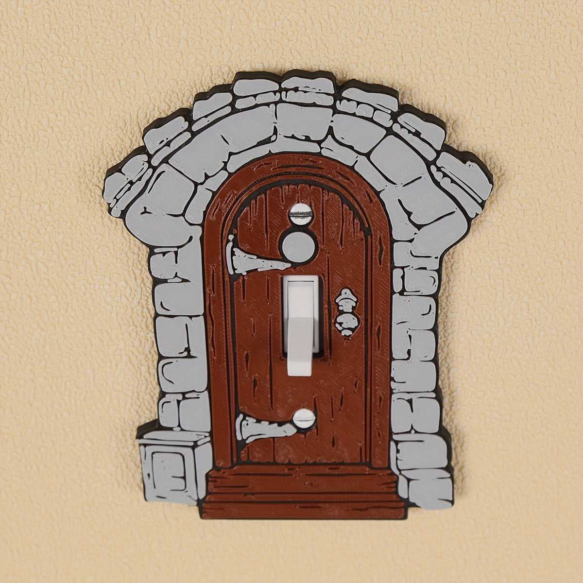 1 piece retro castle style switch cover, stone arch with wooden door design, no electricity, no battery, light switch cover, easy to install