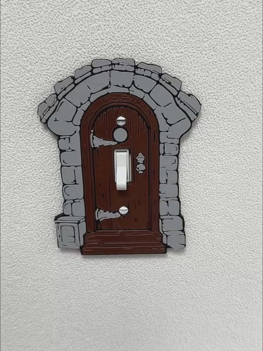 1 piece retro castle style switch cover, stone arch with wooden door design, no electricity, no battery, light switch cover, easy to install