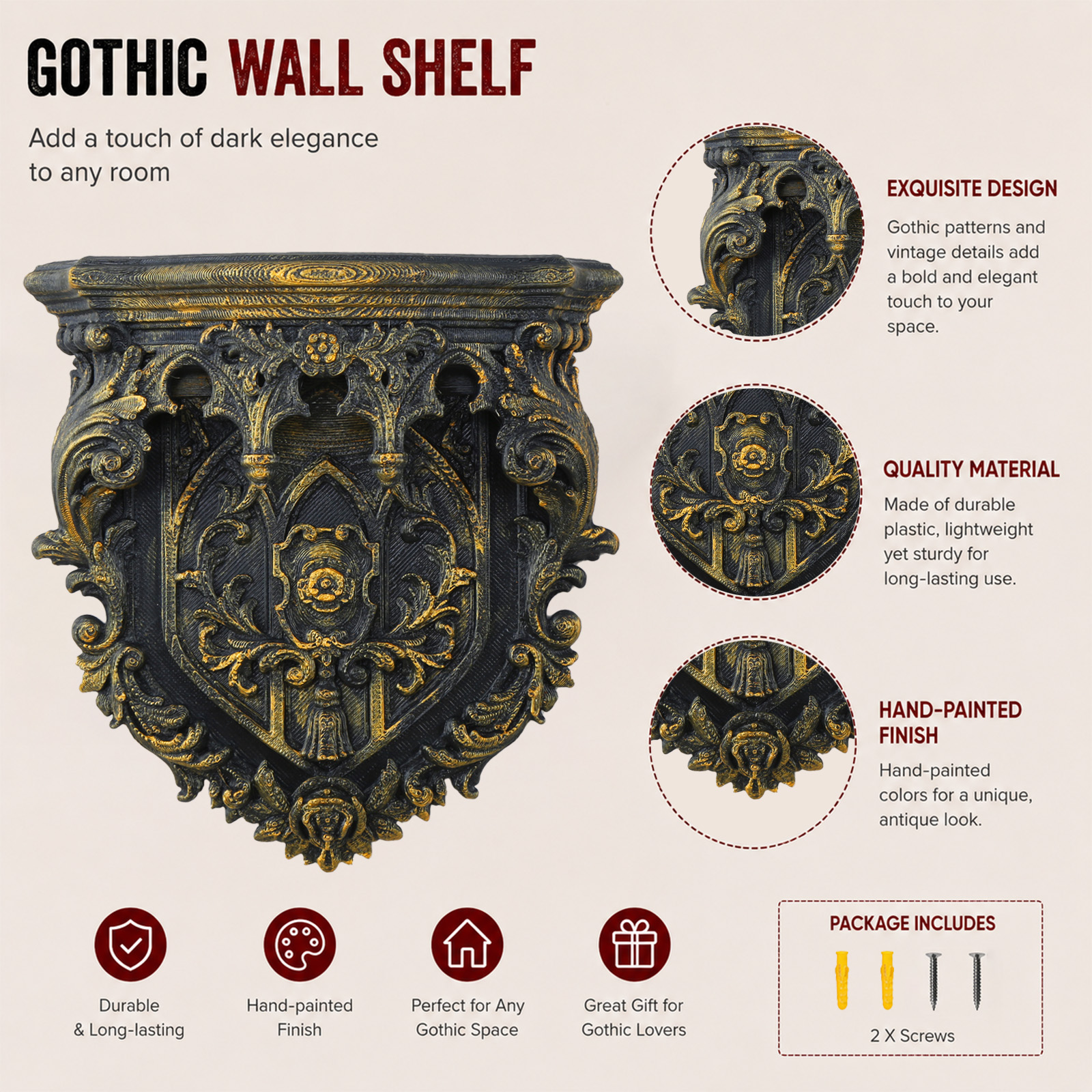 1pc Gothic Vintage Carved Wall Shelf Dark Relief Wall Mount Storage Floating Shelf Porch Wall Hanging Decor - Image 2