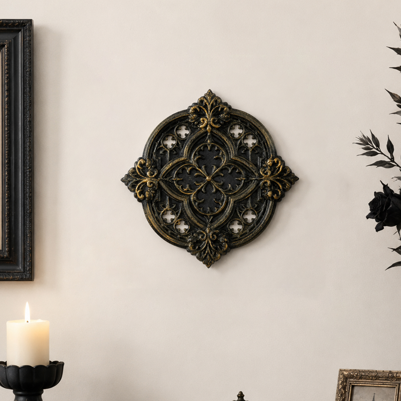 1pc Gothic Retro Hollow Carved Wall Ornament Vintage Black Gold Wall Hanging Decor for Living Room Entryway