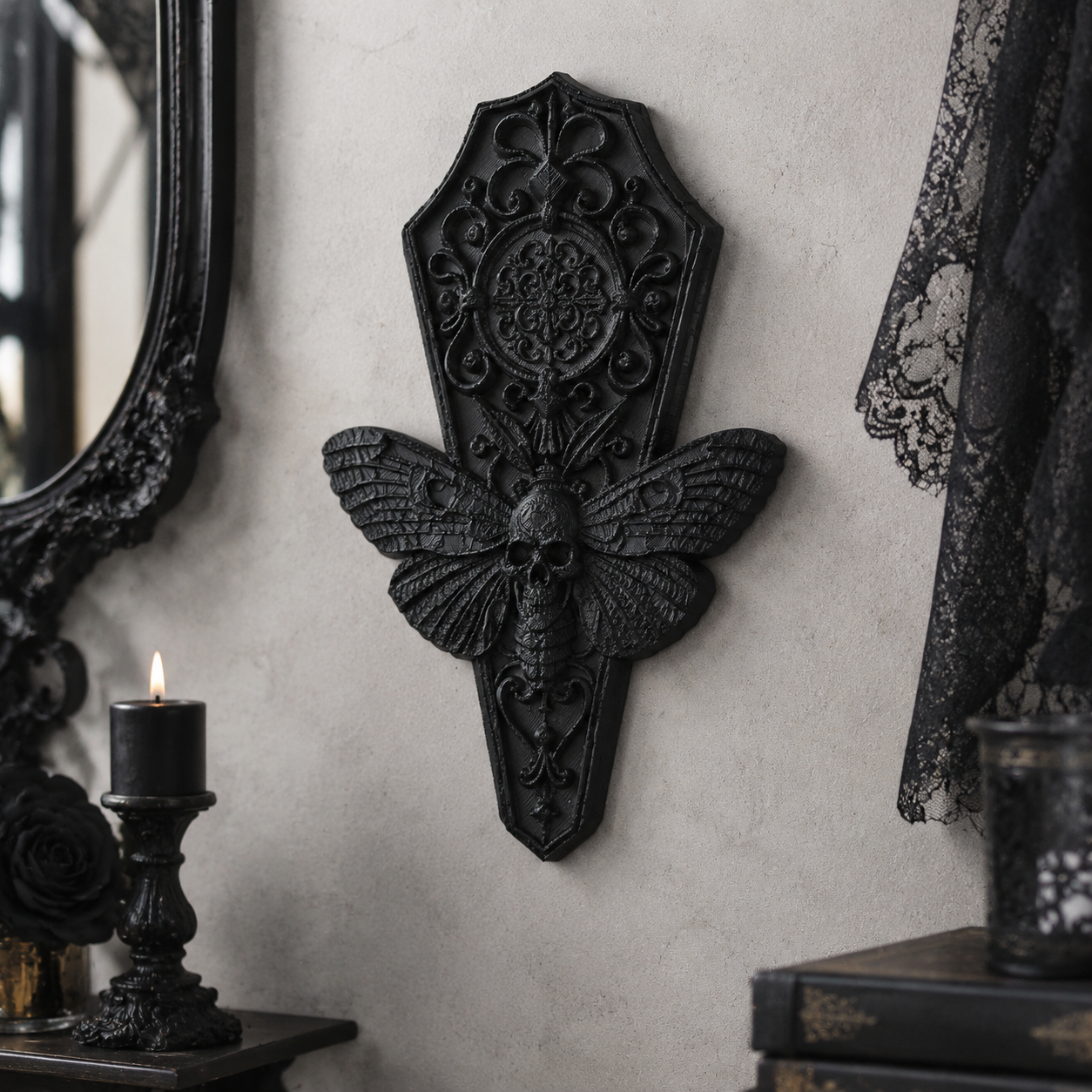 1pc Gothic Coffin Skull Moth Wall Decor Vintage Carved Dark Death Moth Wall Hanging Ornament