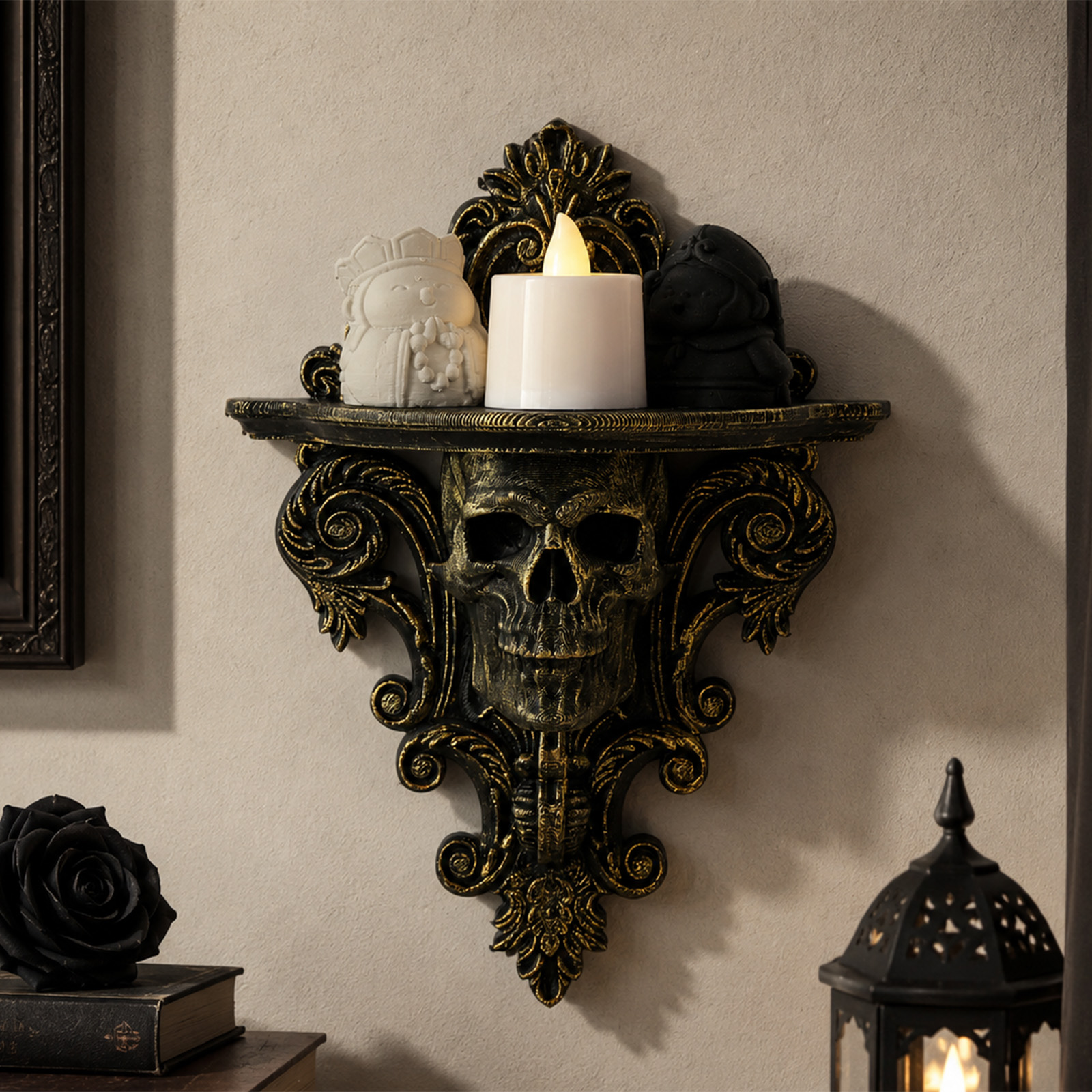 1pc Vintage Distressed Gilded Skull Wall Mount Shelf Gothic Wall Decor Storage Rack