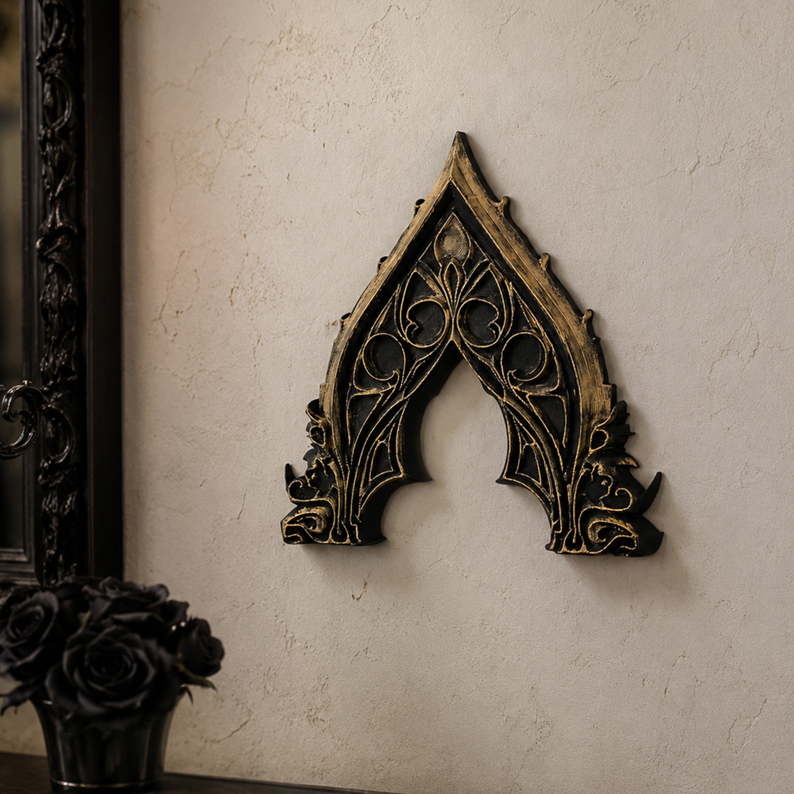 1pc Gothic Retro Pointed Arch Carved Wall Decor Vintage Black Gold Hollow Window Shape Wall Hanging Ornament