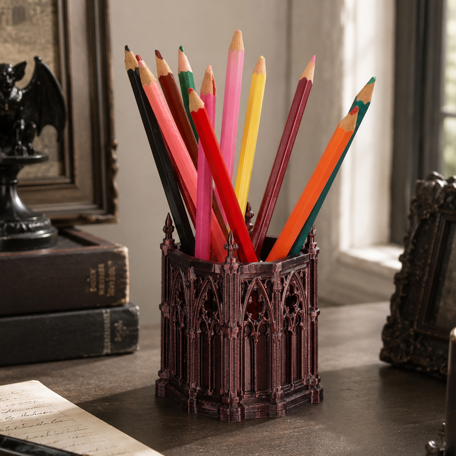 1pc Gothic Church Architecture Pen Holder Vintage Desktop Storage Pot Study Office Decor Ornament