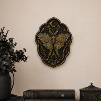 1pc Gothic Moth Rose Relief Wall Decor Retro Black‑Gold Moth Moon Wall Hanging Ornament for Entryway Living Room
