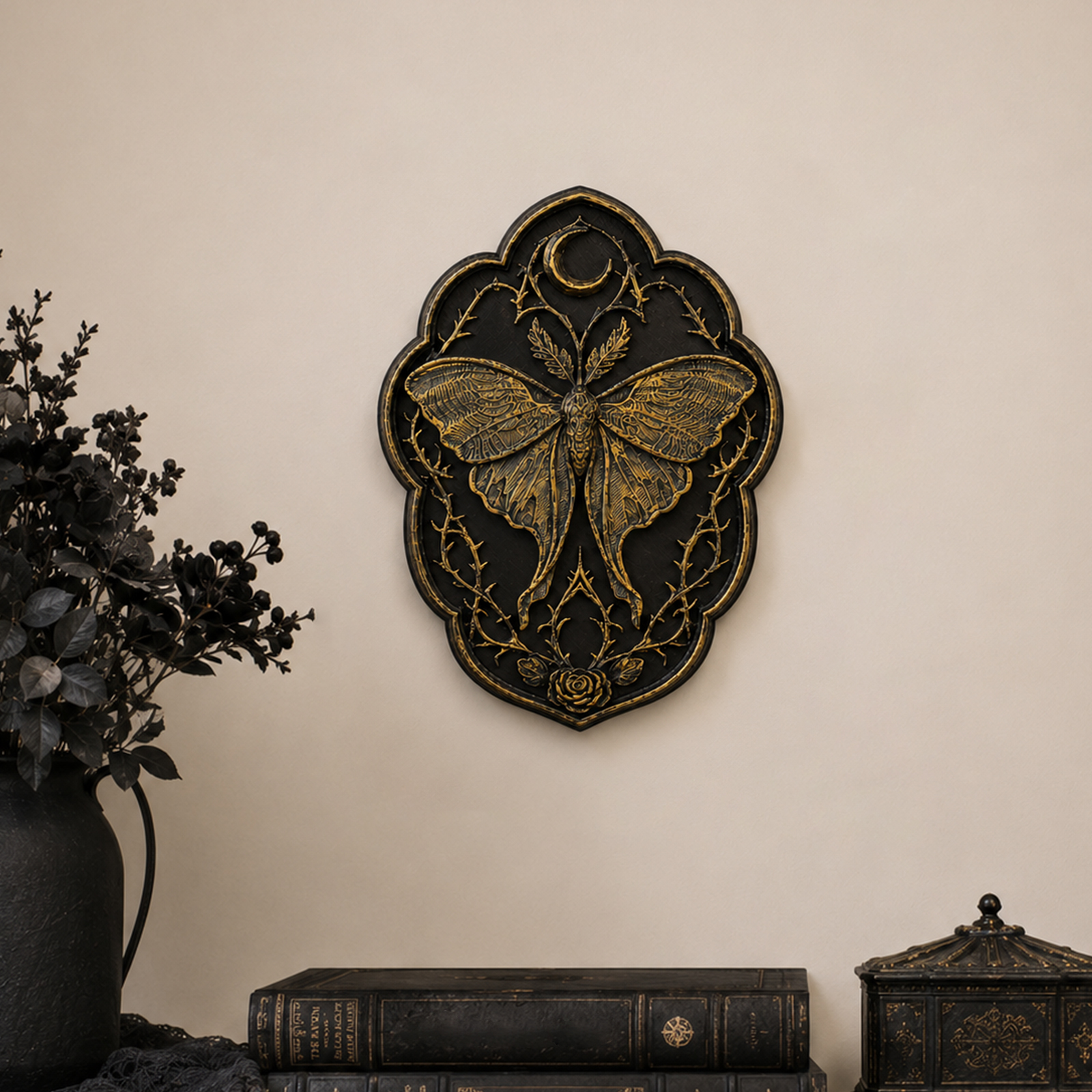 1pc Gothic Moth Rose Relief Wall Decor Retro Black‑Gold Moth Moon Wall Hanging Ornament for Entryway Living Room