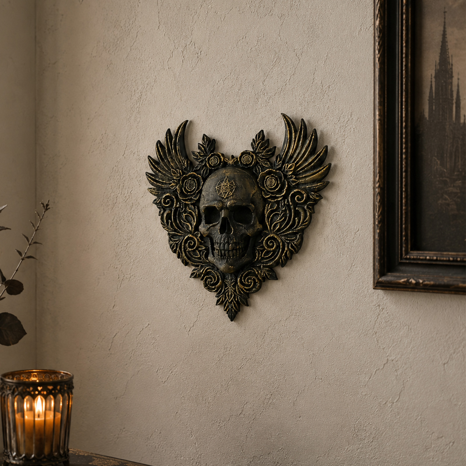Heart Wing Rose Skull Wall Decor Vintage Dark Style Wall Hanging Ornament For Halloween