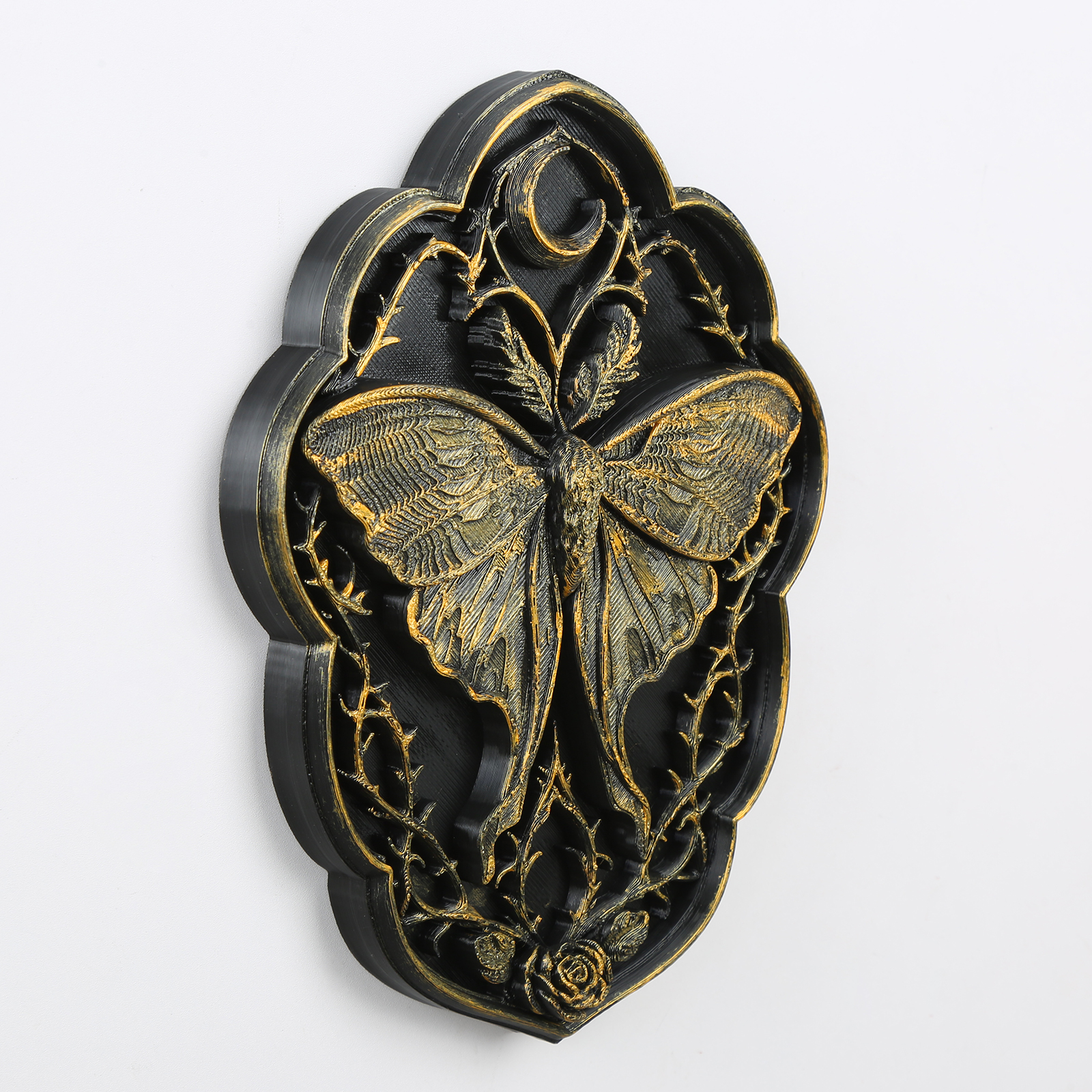 1pc Gothic Moth Rose Relief Wall Decor Retro Black‑Gold Moth Moon Wall Hanging Ornament for Entryway Living Room - Image 3