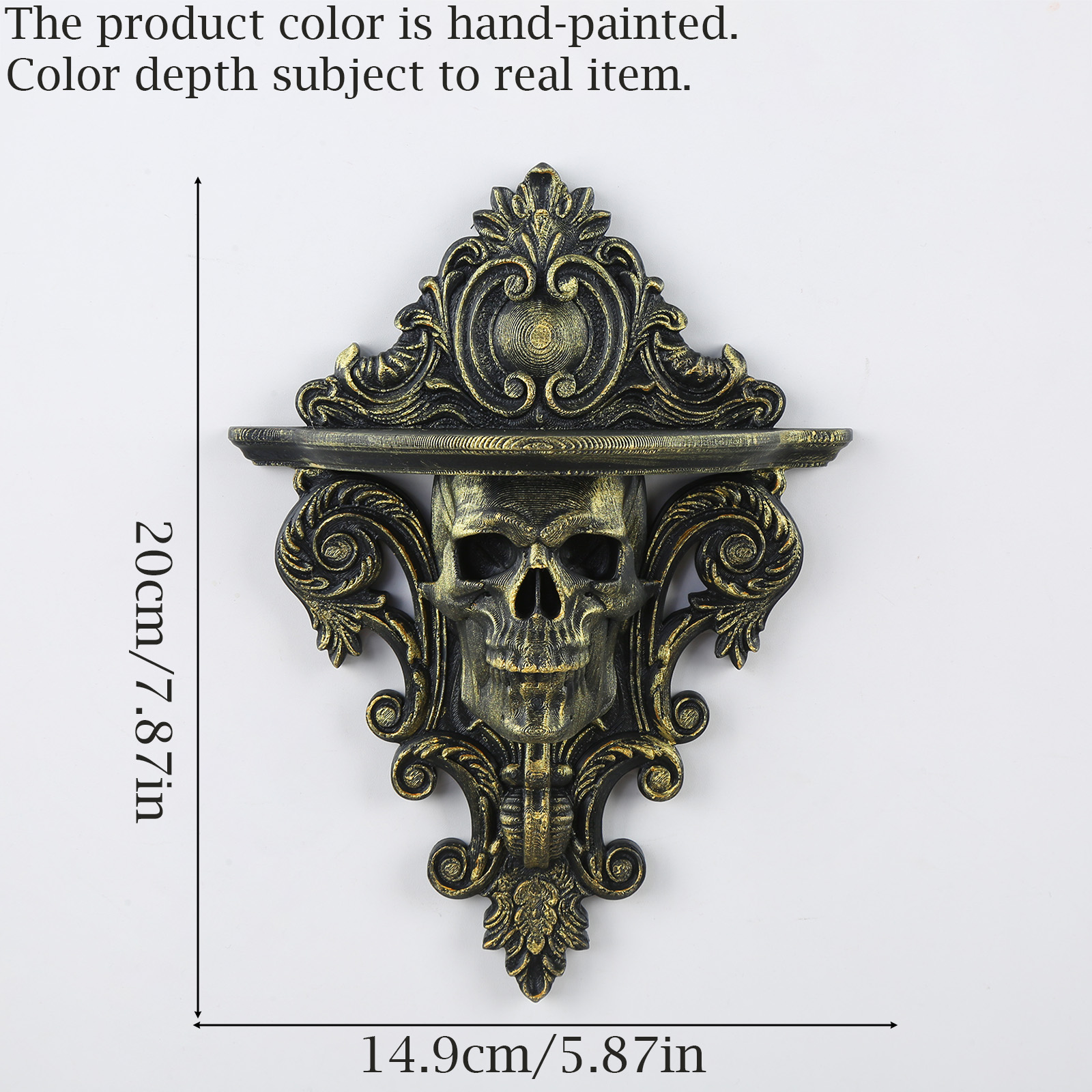 1pc Vintage Distressed Gilded Skull Wall Mount Shelf Gothic Wall Decor Storage Rack - Image 2