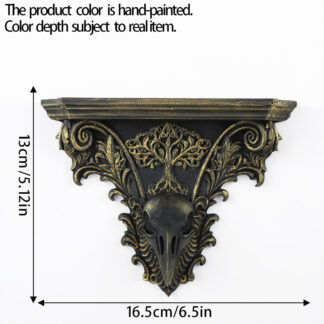 Wall-mounted storage rack with crow skull and tree of life, in a retro and distressed gold finish, a Gothic and dark-style wall display bracket