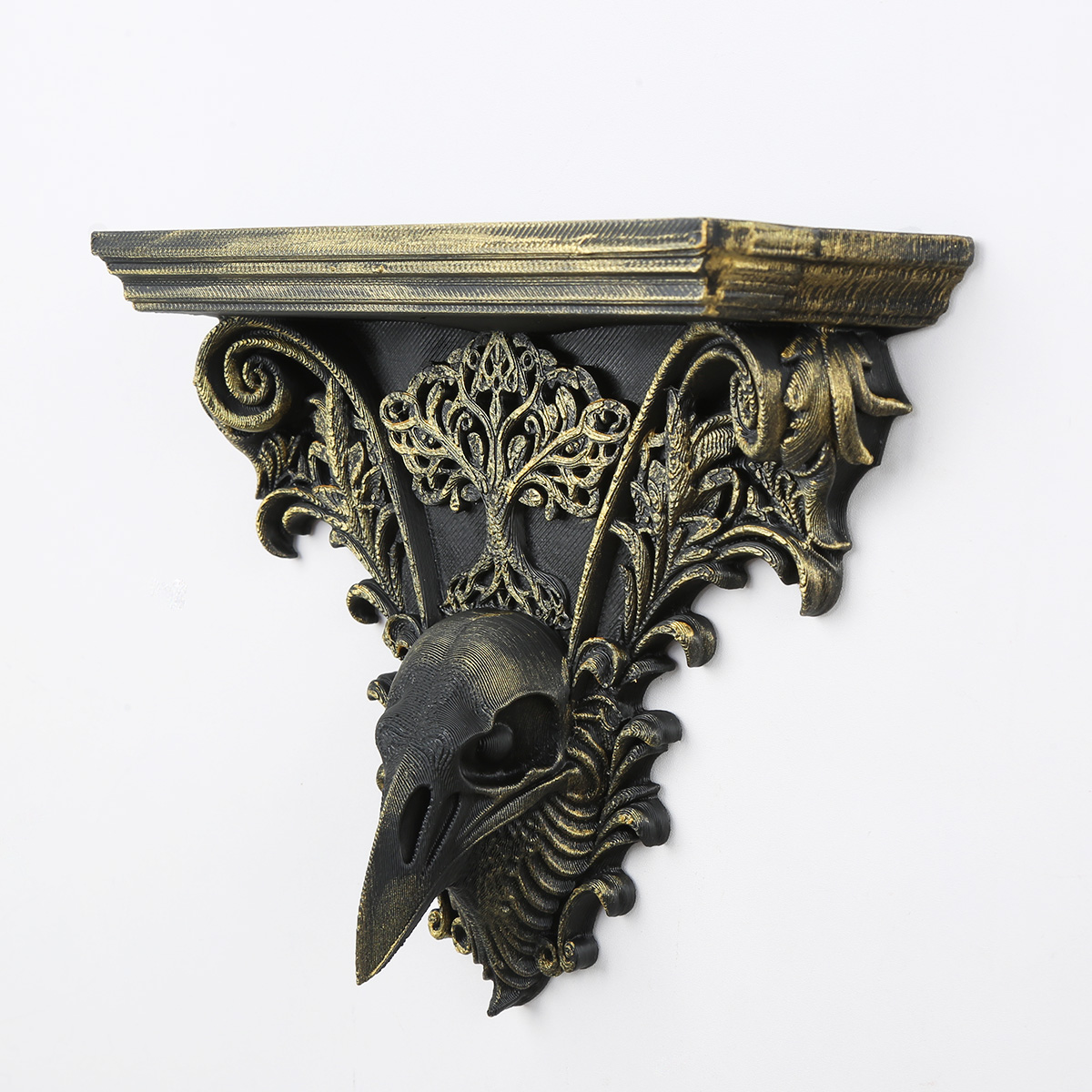 Wall-mounted storage rack with crow skull and tree of life, in a retro and distressed gold finish, a Gothic and dark-style wall display bracket - Image 2