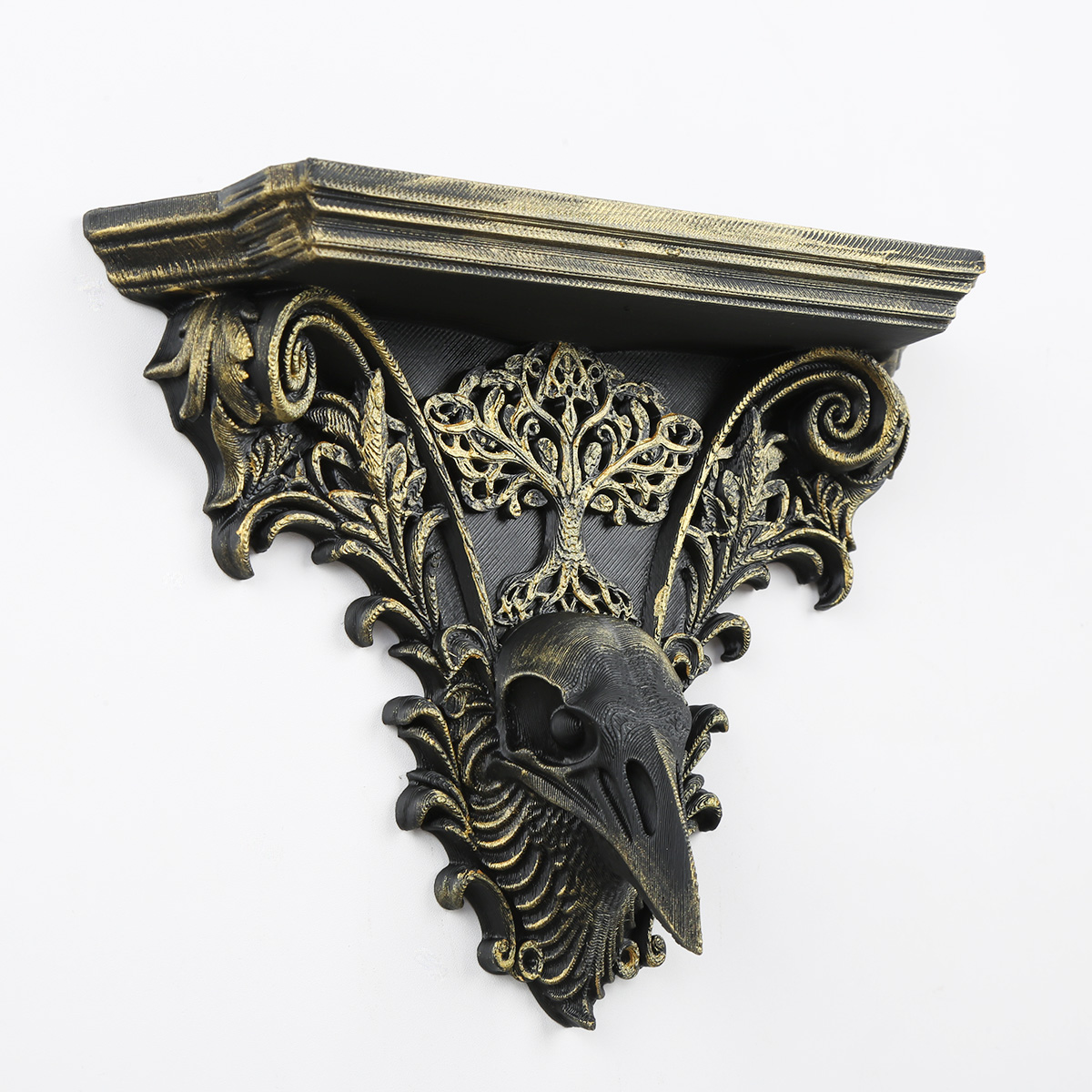 Wall-mounted storage rack with crow skull and tree of life, in a retro and distressed gold finish, a Gothic and dark-style wall display bracket - Image 3
