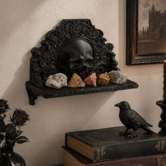 1pc Gothic Skull Carved Wall Mounted Shelf Dark Style Wall Display Rack Crystal Ornament Storage Shelf