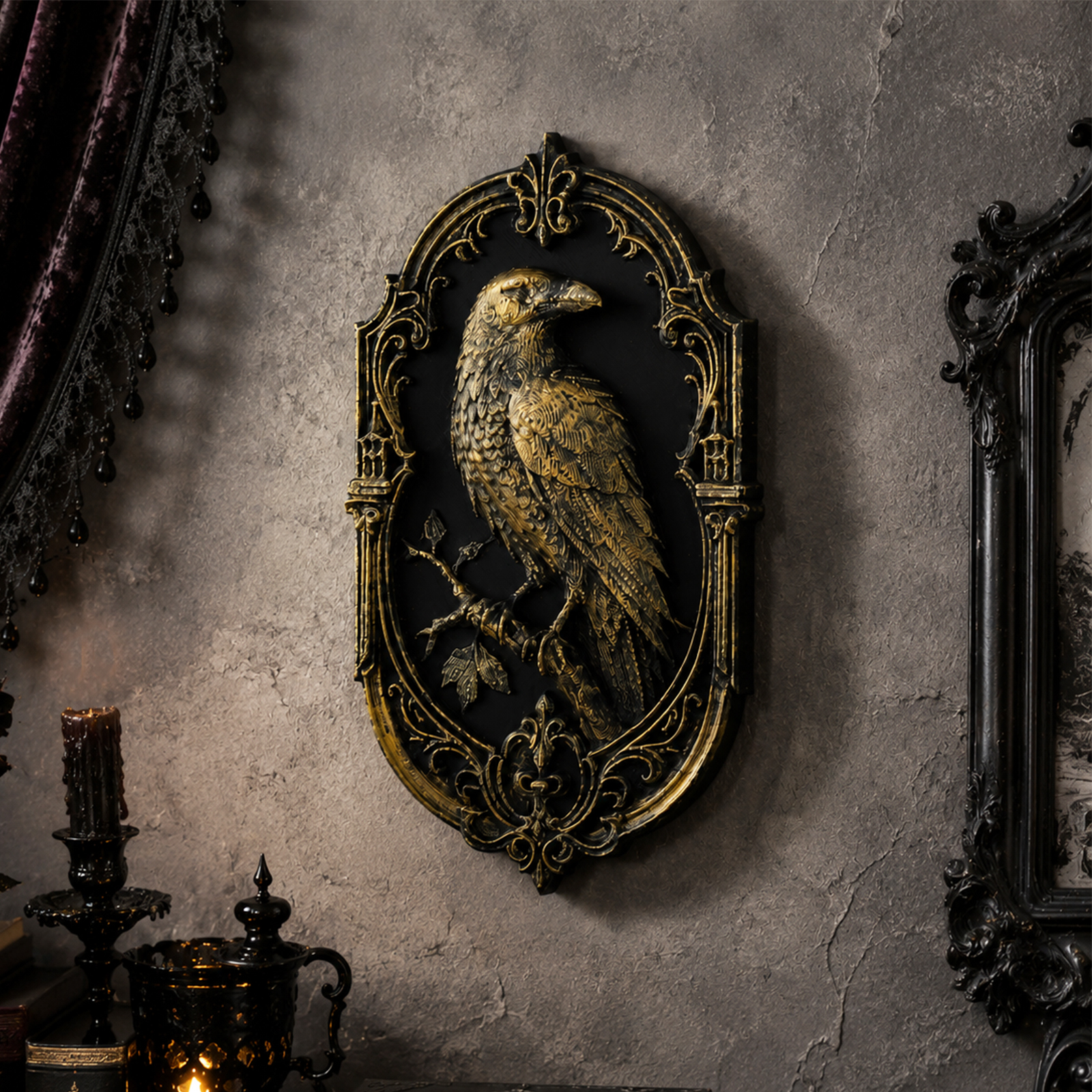 1pc Vintage Gilded Raven Relief Wall Plaque Gothic European Carved Wall Hanging Halloween Home Wall Decor