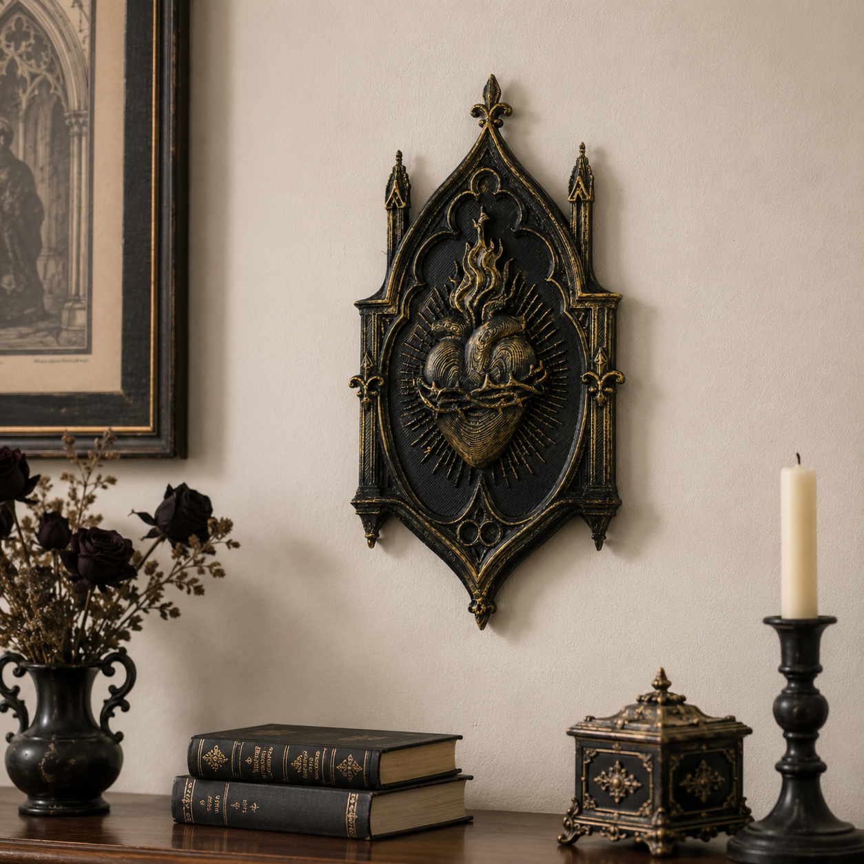1pc Gothic Church Sacred Heart Relief Wall Plaque Vintage Distressed Gilded Wall Hanging European Dark Home Wall Decor