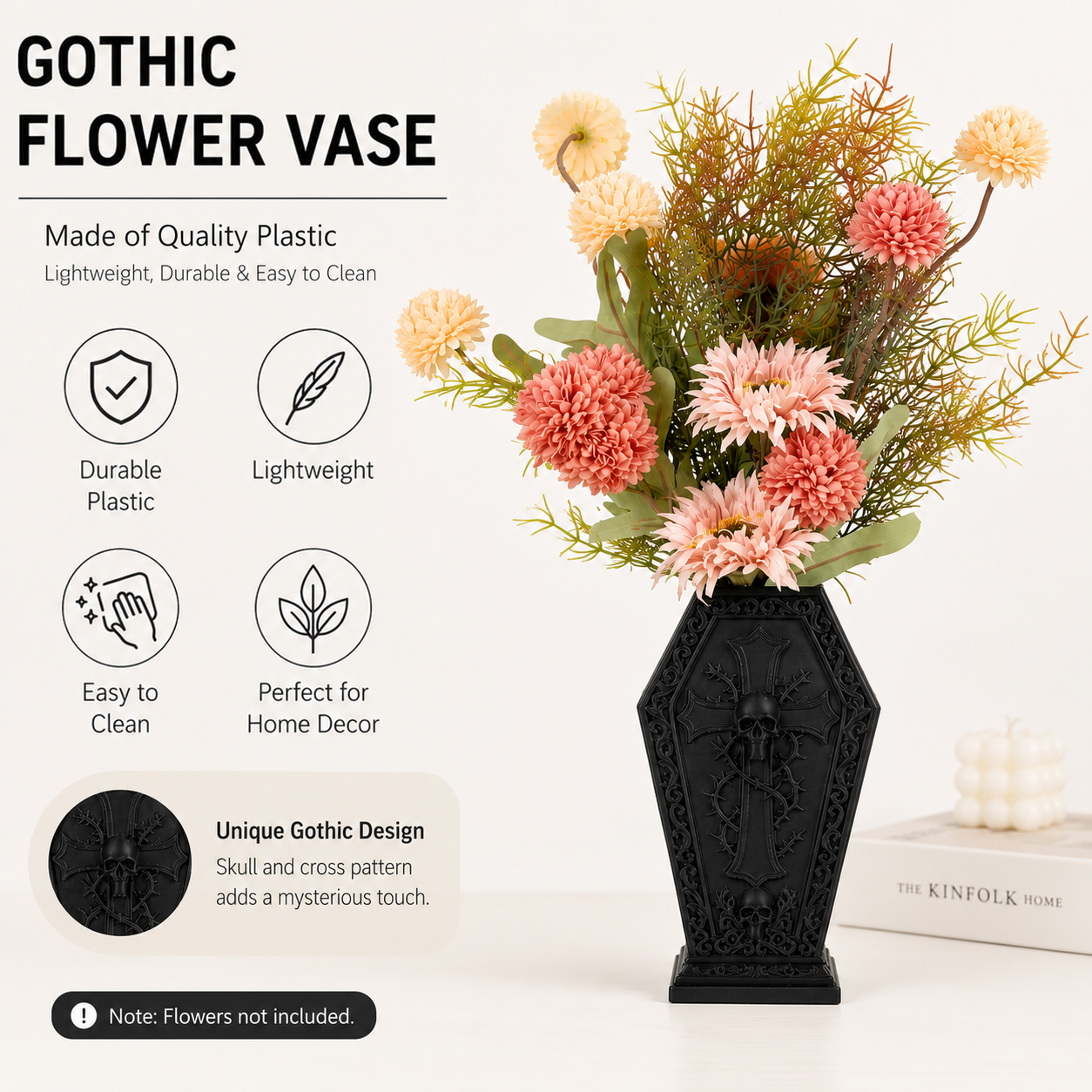1pc Gothic Coffin‑Shaped Vase, Skull And Cross Embossed Flower Vase, Dark Retro Tabletop Decor Ornament - Image 2