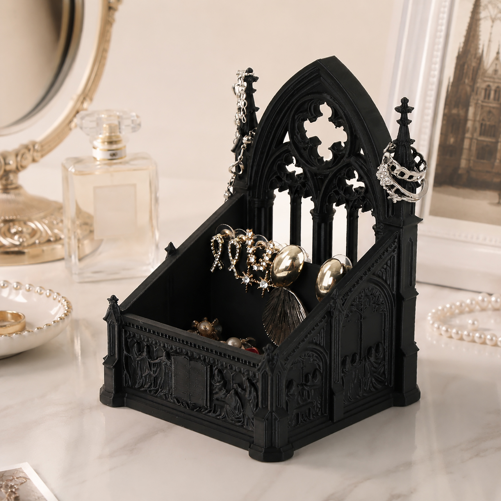 1pc Gothic Church Shaped Jewelry Storage Box Dark Retro Architectural Style Dresser Earring Necklace Storage Ornament