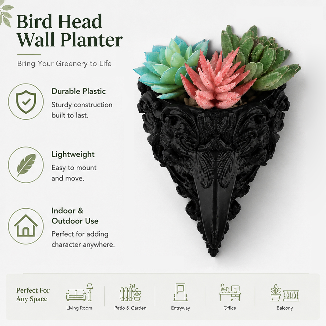 1pc Gothic Crow Wall‑Mounted Flower Pot, Dark Retro Wall Decor, Creative Embossed Crow‑Head Wall Planter - Image 2