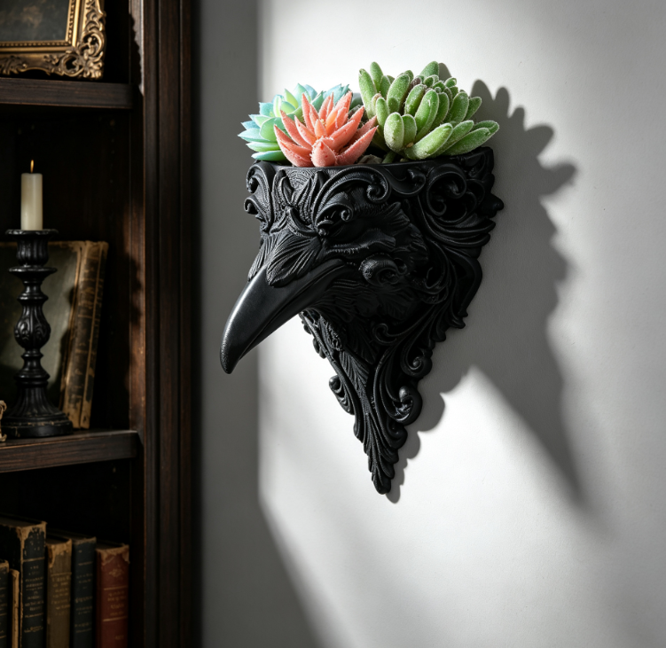 1pc Gothic Crow Wall‑Mounted Flower Pot, Dark Retro Wall Decor, Creative Embossed Crow‑Head Wall Planter