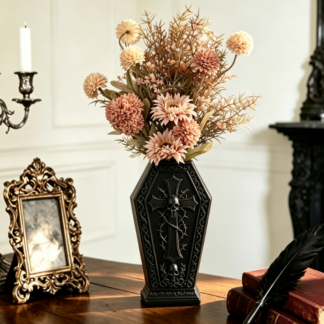 1pc Gothic Coffin‑Shaped Vase, Skull And Cross Embossed Flower Vase, Dark Retro Tabletop Decor Ornament