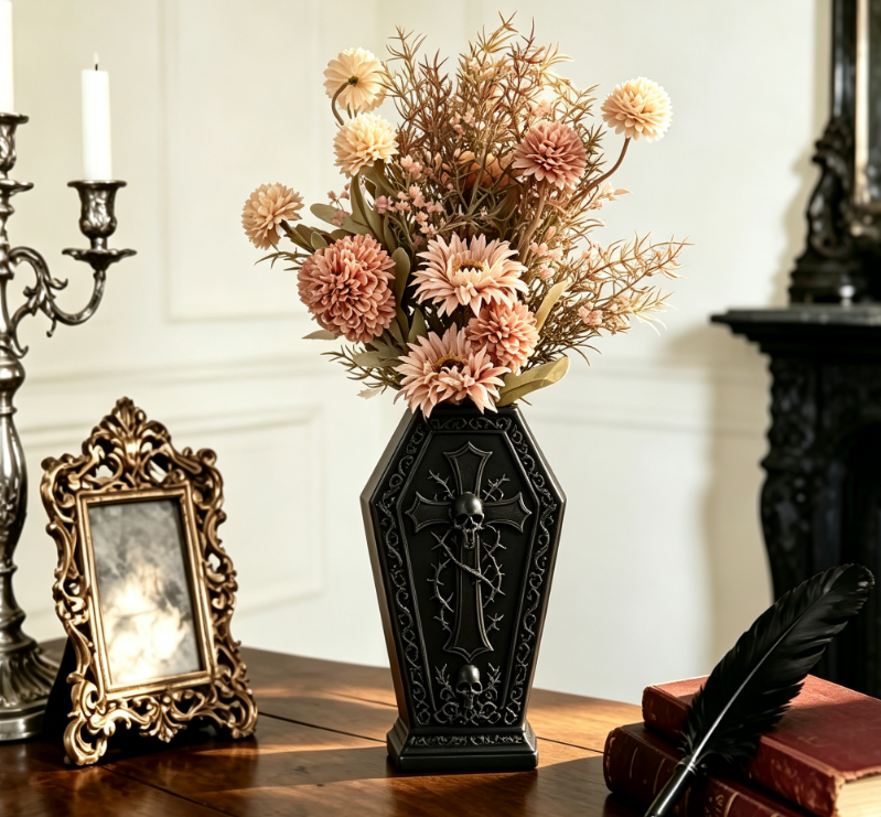 1pc Gothic Coffin‑Shaped Vase, Skull And Cross Embossed Flower Vase, Dark Retro Tabletop Decor Ornament